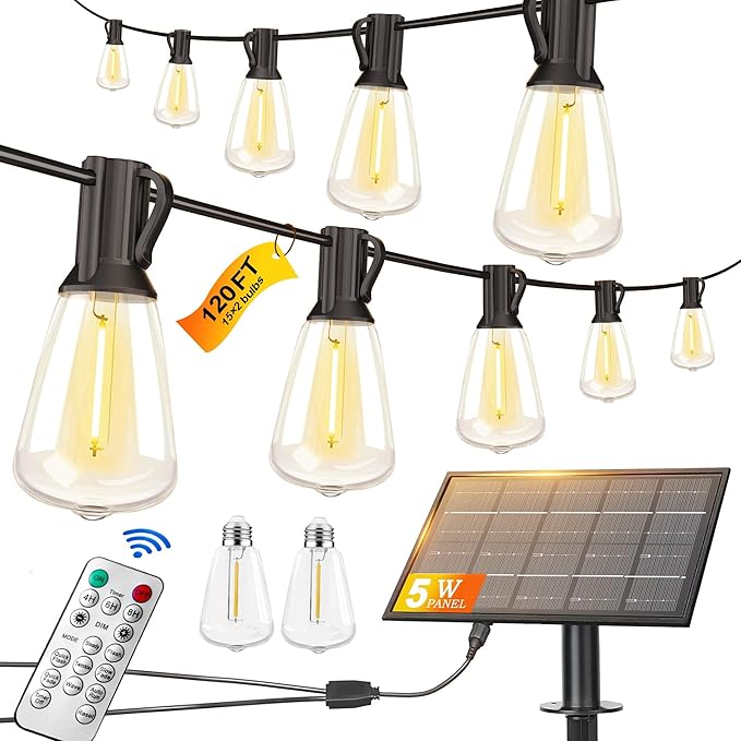 BLIATLUS 120FT Solar String Lights Outdoor Waterproof with Remote Control 30+2 Shatterproof LED ST38 Bulbs for Porch Garden Market Bistro Patio Backyard Fence
