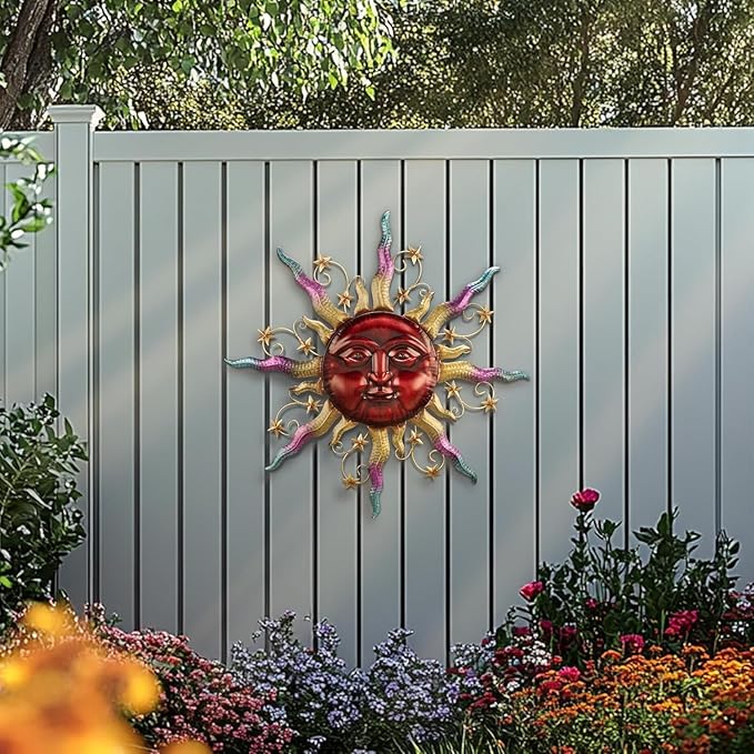 TERESA'S COLLECTIONS Outdoor Sun Metal Wall Art for Outdoor Decor,25" Red Sun Face 3D Wall Decor for Garden Decor,Rustic Retro Hanging Sculpture for Outside indoor Home Patio Farmhouse Gifts for Mom