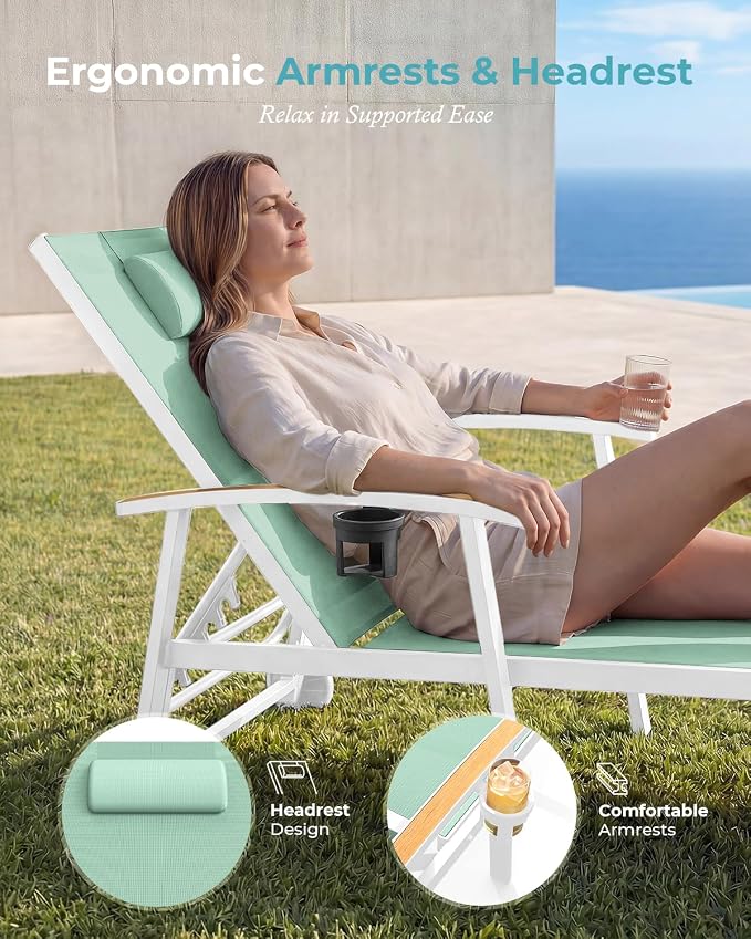 Ciokea Outdoor Lounge Chair with Pillow, 5-Position Aluminum Chaise Lounge with Wheels & Armrests, 400 lbs Heavy Duty Patio Pool Chair for Deck, Backyard, Beach & Poolside, Light Green