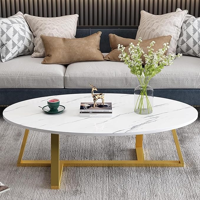 Coffee Table White Faux Marble Coffee Table for Living Room,Oval Center Tables Modern Tea Table for Small Space,Wooden Living Room Tables End Table with Sturdy Gold Metal Leg