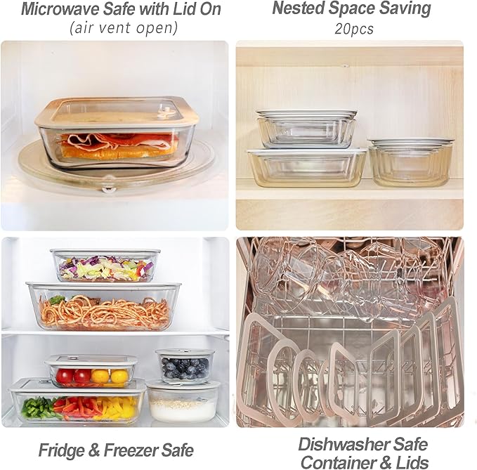 Glass Food Containers with Glass Lid, Microwave Safe Food Storage Container Set, 3 Pack, Square Shape, Food Containers with Lids, Meal Prep containers with Leak Proof Lid.