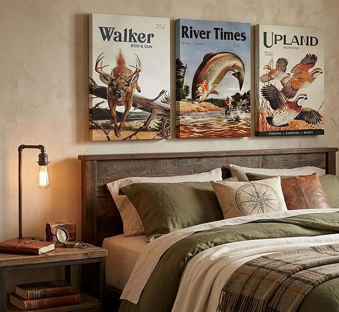 3Pcs Retro Hunting Canvas Wall Art Outdoorsy Wild Animal Wall Decor Pictures Nature Wilderness Deer Wild Duck Fishing Posters Prints Gift Send Hunter Dad For Farmhouse Living Room Bedroom Decoration