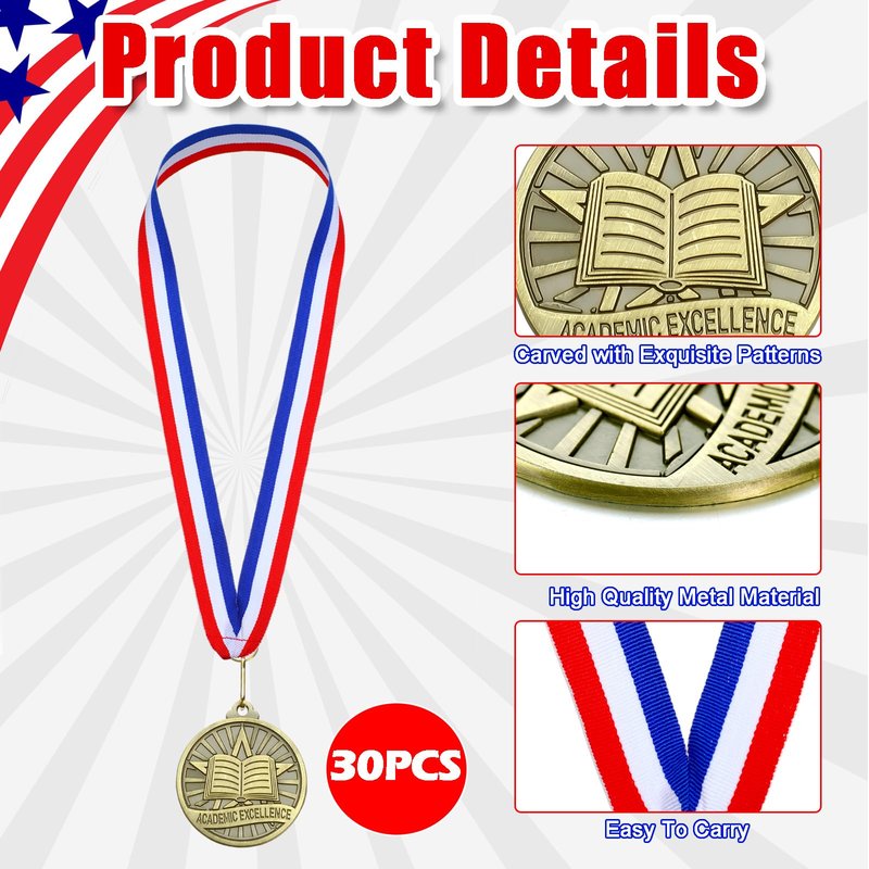 Quelay 30 Pcs 2'' Gold Awards Medals Bulk Winner Medals with Neck Ribbons Encourage Team Participation for Adults Trophy Award Prize Gift Competitions Graduation Party(Academic Excellence)