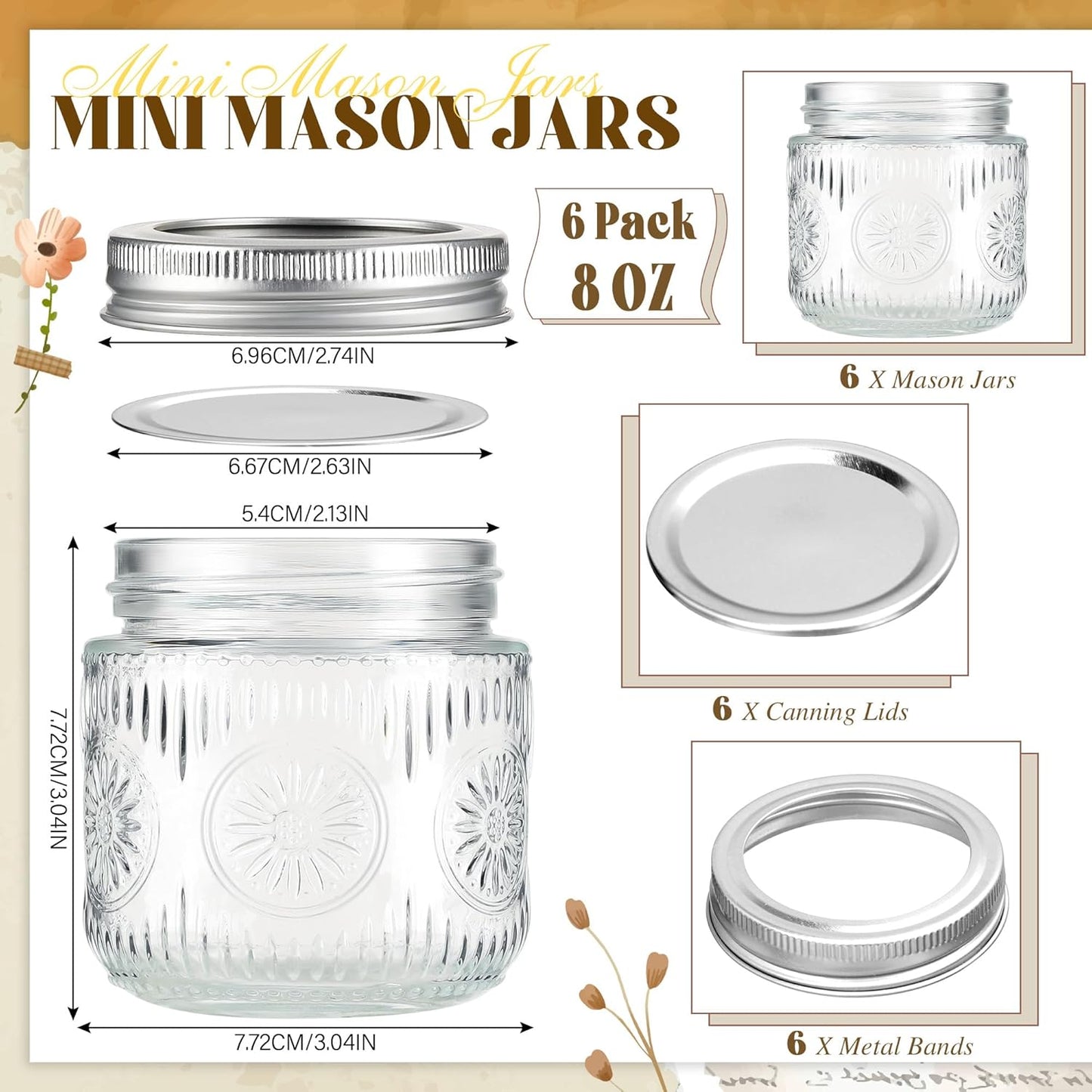 Mason Jars 8 oz - Vintage Small Glass Mason Jars with Silver Metal Lids, Regular Mouth Canning Jars, Safe For Storage, Canning, Pickling, Preserving, Fermenting, DIY Crafts & Decor (6Pack)