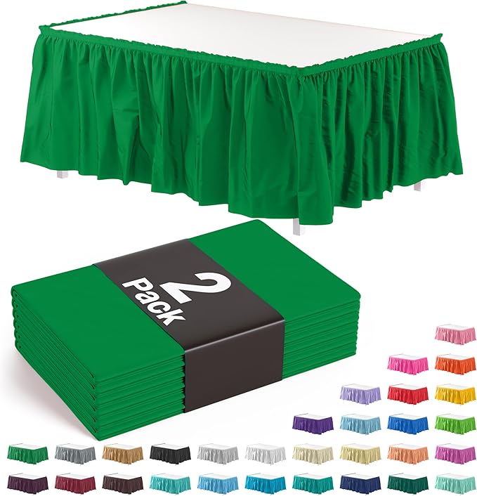 Exquisite Ruffle Table Skirt Emerald Green 2 Pack 14 Ft Long Table Skirts for Rectangle Tables 6ft Plus or Round Tables Skirts with Adhesive Strip for Gender Reveal Decor & Happy Birthday Parties