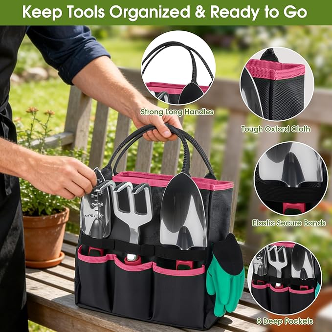 WOWBOX Garden Tools Set - 10 PCS, Heavy Duty Gardening Hand Tools Kit with Storage Tote, Rust-Resistant Gardening Supplies for Planting with Non-Slip Ergonomic Handle for Women and Men (Red)