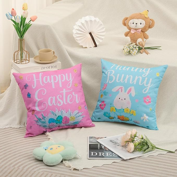 Easter Pillow Covers 18 x 18 Inch,Easter Decorations for Home,Set of 4 Happy Easter Hunny Bunny Pink Blue Decorative Throw Pillow Covers Spring Farmhouse Decor