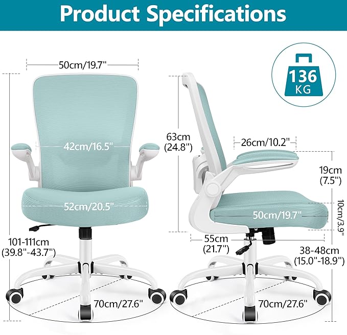 FelixKing Office Chair, Ergonomic Desk Chair Breathable Mesh Chairs Adjustable High Back Lumbar Support Flip-up Armrests, Executive Rolling Swivel Comfy Computer Chairs Home Office Light Blue