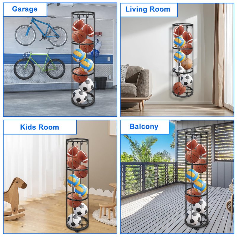 CROSDE 3 Layer Garage Ball Storage Rack, Vertical Basketball Holder, Black