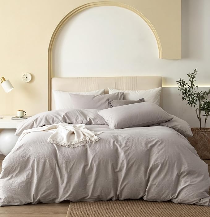 JIYUAN 100% Washed Cotton Duvet Cover Set 3 Pieces Alaska King, 1 Duvet Cover 132x120 Inches(Comforter Not Included) and 2 Pillowcases,Linen Feel Bedding Set Comfy and Breathable,Heathered Cream Grey