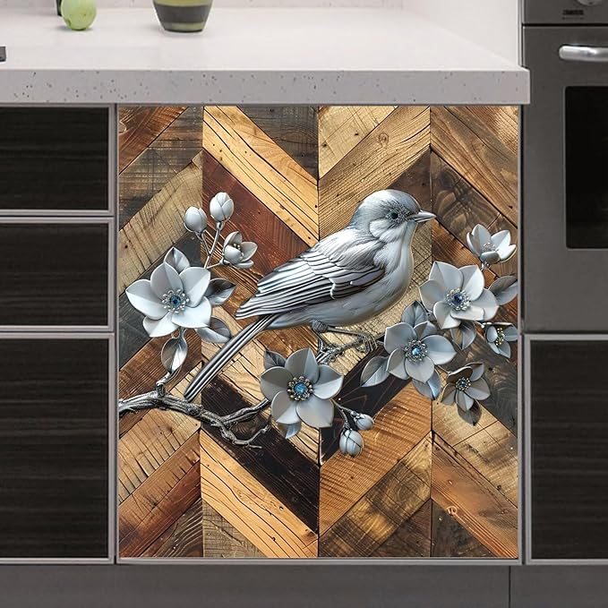Stainless Steel Bird Flowers Dishwasher Magnet Cover for Home Appliances, Vintage Wood Grain Magnet Refrigerator Panel Decal, Silver Metal Bird Magnetic Dishwasher Sticker 23" W x 26" H