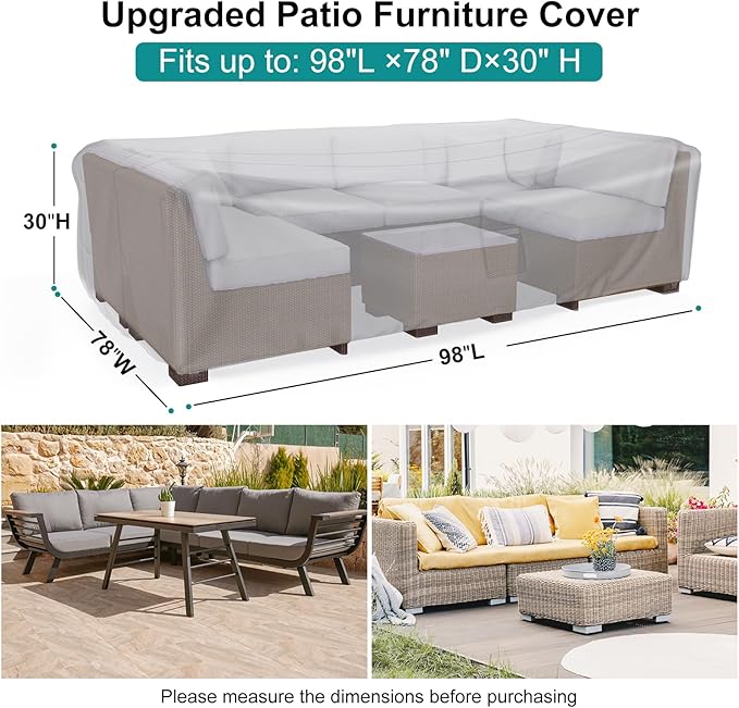 Patio Furniture Set Cover Waterproof, Heavy Duty Furniture Covers for Outdoor Sectional Sofa Set Wicker Rattan Table Chair Rectangular,98"L×78"W×30"H,Grey