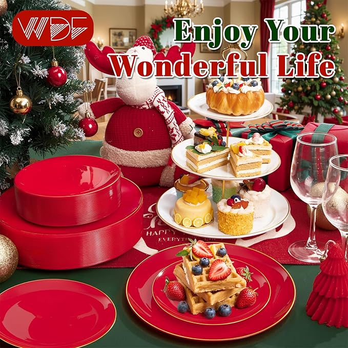 WDF 300Pcs Red Disposable Plates - Christmas Plates - 50guest Disposable Dinnerware Include 50 Dinner Plate, 50 Dessert Plate, 150 Cutlery & 50 9oz Cups for Christmas & Parties