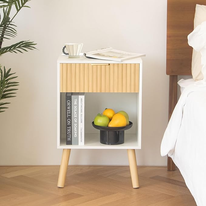 Nightstand, Modern Bedside Table with Drawer and Open Shelf, Fluted Night Stand with Solid Wood Legs for Bedroom, Living Room, Office (White Oak)