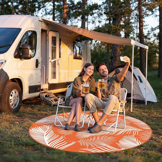 Pauwer Waterproof Outdoor Rug 6ft, Reversible Plastic Straw Patio Camping Rug, Indoor Outdoor RV Mat Carpet for Deck, Camper, Porch, Balcony, Backyard, Picnic, Leaf Orange
