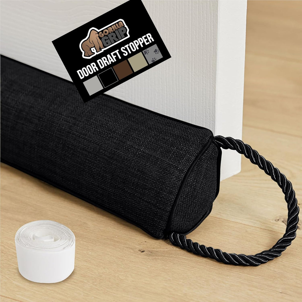 GORILLA GRIP Door Draft Stopper for Bottom of Doors, Weather Stripping Seal Blocks Hot Air, Noise, Bugs, Keeps Cold AC in, Sound Proofing Easy Install Gap Filler, Home Essentials, 32 Inch, Black