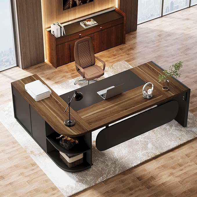Tribesigns 80'' L-Shaped Desk Set of 6, Large Executive Office Desk with 55'' Drawers Cabinet, Modern Computer Table with Storage Shelves, Business Furniture for Office, Brown