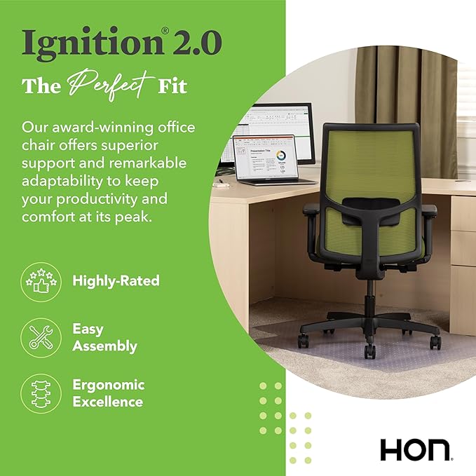 HON Ignition 2.0 Mid Back Task Chair, Spectrum Mesh, Advanced Synchro-Tilt Control, Office Chair with Lumbar Support, Height and Width Adjustable Arms, Black Frame, Pear