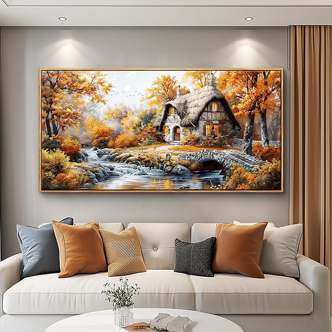 QIYILEXWART Canvas Wall Art For Living Room Wall Decor For Bedroom Office Wall Decoration Autumn Cottage River Landscape Painting Farmhouse Pictures Artwork Room Aesthetic Home Decor 20x40 In