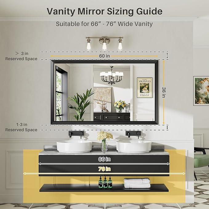 60x36 Inch Black Bathroom Mirror for Wall, Thick Metal Framed Rectangle Mirrors for Over Sink, Bedroom, Living Room, Entryway, Anti-Rust, HD Tempered Glass