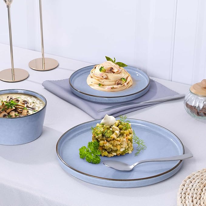 Herogo 18 Pieces Dinnerware Set for 6, Stoneware Dinner Plates and Bowls Sets, Reactive Glaze Dishes for Kitchen, Crack Resistant, Microwave & Dishwasher Safe, Haze Blue