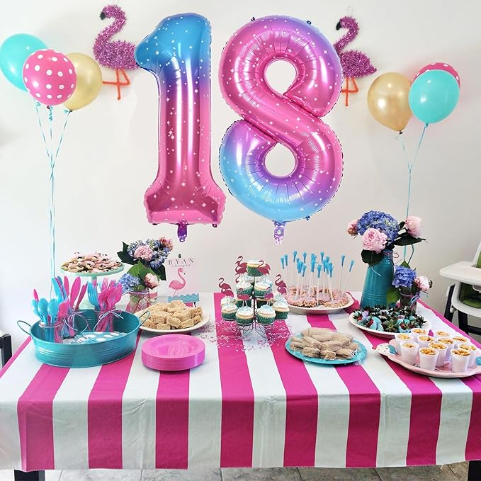 40'' Rainbow Number 7 Balloons, Giant Self Inflating Gradient Blue Pink Foil Number Balloons Set 0-9, Starry Digital 7 Helium Balloon for Girls 7th Birthday Party Decorations Anniversary Supplies