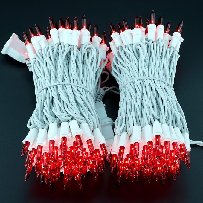YULETIME 200 Red Christmas Lights, Pack of 2 Sets 33 Feet 100 Count UL Certified Incandescent String Lights (Red - White Wire)