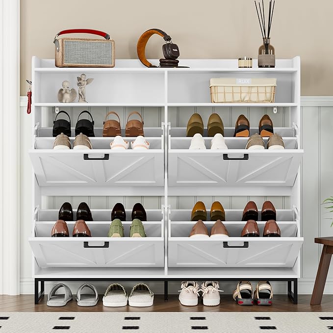 Shoe Cabinet with 4 Flip Drawers Narrow Shoe Storage Cabinet Organizer Wooden Freestanding Shoe Rack Hidden Slim Shoes Storage Cabinet for Entryway, Hallway, Living Room, Bedroom