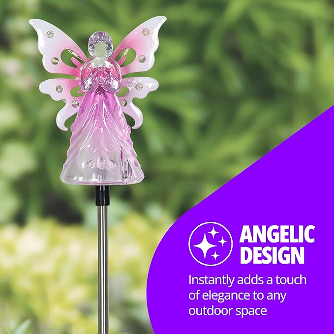 Exhart Garden Solar Lights, Decorative Angel Garden Stake, 12 LEDs, Cute Yard and Pathway Decor, Pink, 4 x 34 Inch