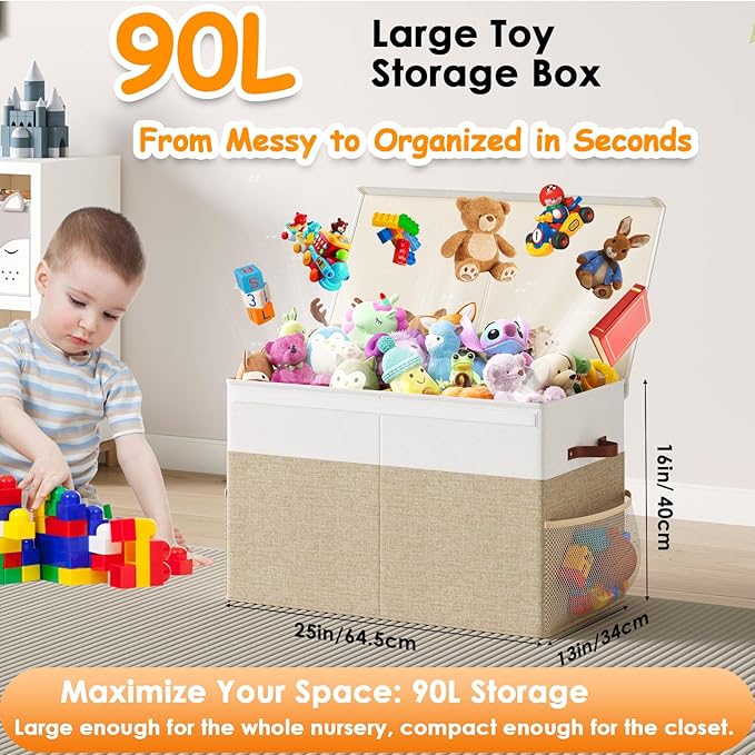 Large Toy Storage Box with Lid Upgraded Toy Storage Chest Organizer with Divider Foldable Toy Bin for Kids Boys Girls Playroom Nursery Bedroom (25"x13"x16")