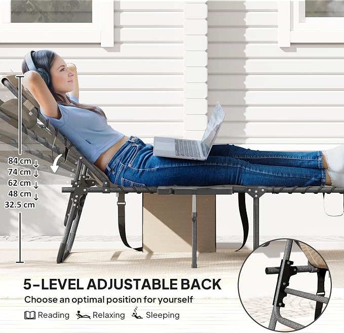 Outsunny Folding Chaise Lounge Chair Outdoor Tanning Chair Beige | Side Table, 5-Level Adjustable Beach Lounger, Headrest, Side Pocket, Patio Backyard Beach Poolside