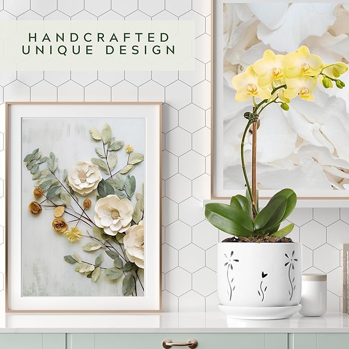 2 Pack, 5 + 6 Inch White Orchid Pots with Holes and Saucer, Ceramic Orchid Planters for Repotting with Drainage Holes and Tray, Plant Flower Pot containers for Orchid Indoor Outdoor