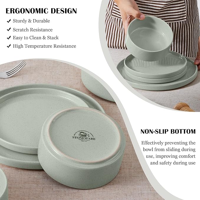 E-far Dinnerware Sets for 8, 24-Piece Stoneware Plates and Bowls Dish Set, Modern Kitchen Dinning Dishware, Chip and Scratch Resistant, Microwave & Dishwasher Safe, Speckled Green