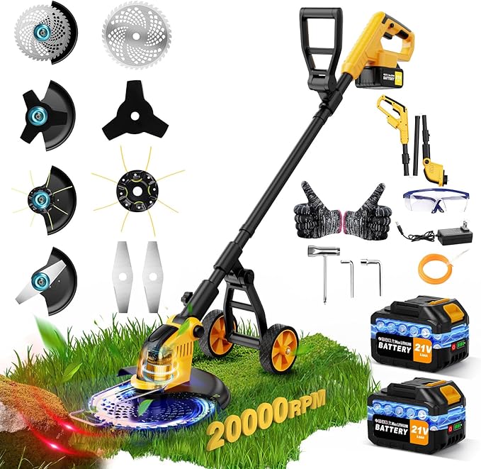 20000 RPM Brushless Electric Weed Wacker Cordless, 12'' Wheeled Weed Eater Battery Powered Brush Cutter, 4-in-1 Grass Trimmer Stringless Weed Trimmer Lawn Mower Edger W/Wheel Metal Blade Battery