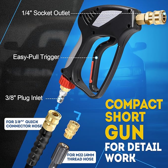 TOOLCY Pro Short Pressure Washer Gun 5000 PSI with 360° Swivel,3/8" Quick Connect Inlet, High Pressure Washer Gun with 1/4" Quick Connect Outlet, Includes 3/8" QC to M22-14mm Adapter & 5 Nozzle Tips
