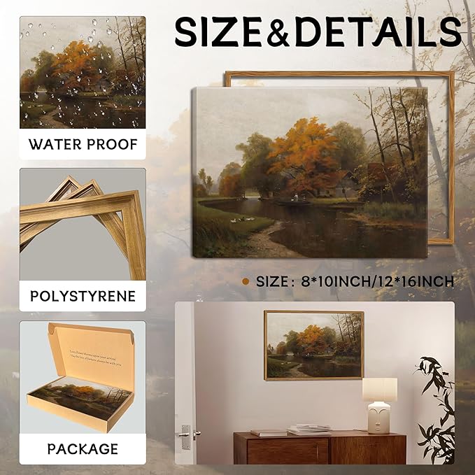 Floating Framed Canvas Wall Art Decor – Vintage Autumn by the Water Landscape Paintings Prints, Nature Countryside Pictures Wall Decor for Living Room Bedroom Office Decoration 12x16 inch