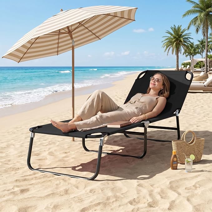 Outsunny Folding Chaise Lounge Pool Chairs, Outdoor Sun Tanning Chairs with 5-Level Reclining Back, Steel Frame for Beach, Yard, Patio, Black