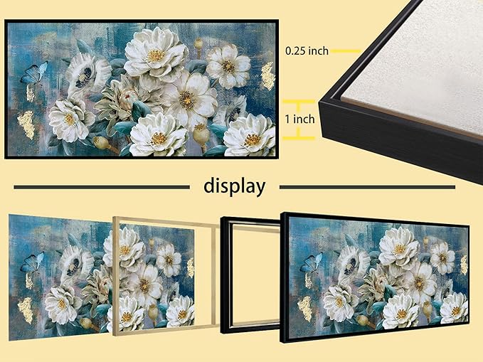 Arjun Extra Large Black Framed Flower Canvas Wall Art for Living Room White Elegant Modern Painting for Bedroom Textured Gold Foil Turquoise Picture Floral Teal Artwork Home Office Decor, 58"x29"