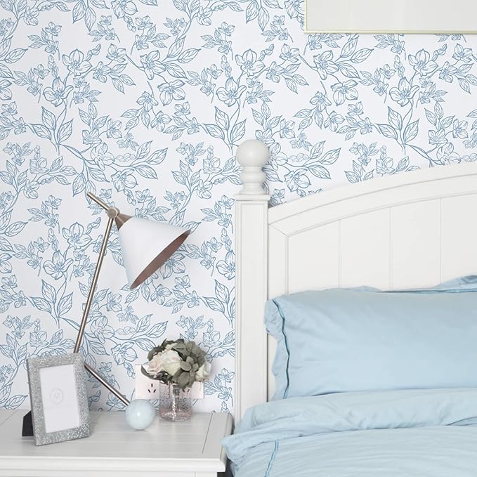 Ismoon Peel and Stick Wallpaper Blue and White Contact Paper Modern Flroal Wall