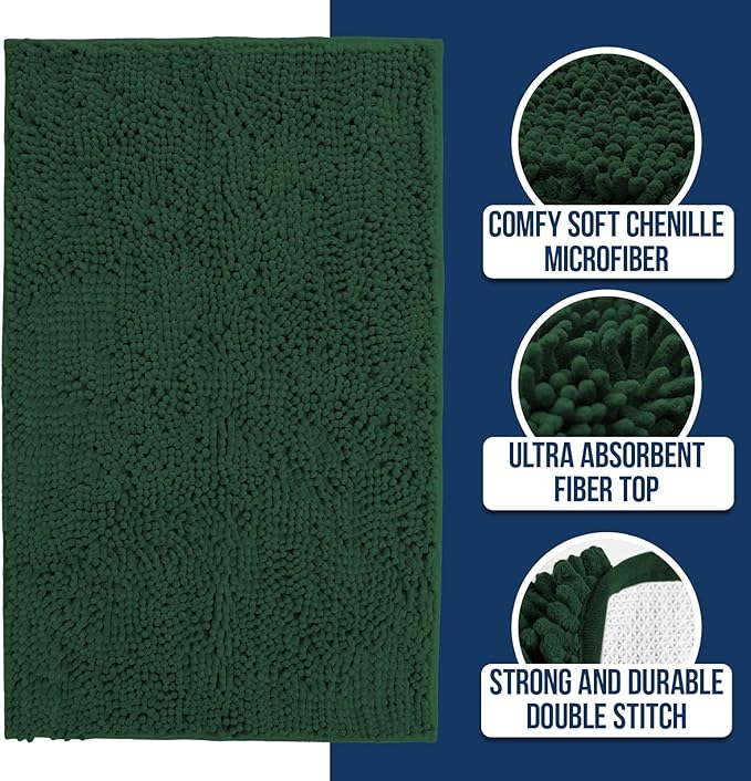 Muddy Mat Chenille Bathroom Rugs Quick Dry Microfiber Mats Non Slip Washable, Extra Thick, Soft and Highly Absorbent Bath Mats for Bathroom, Kitchen, and Shower Floor - Dark Green Large 35"X24"