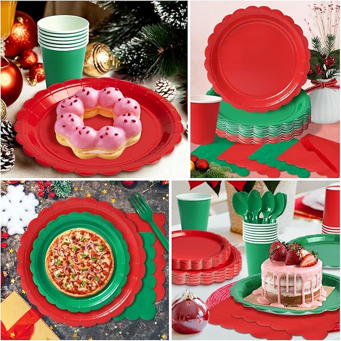 Vyntra 350 PCS Disposable Plates for Party, Paper Plates & Napkins Set with Cups, Knives, Forks, Spoons, 7'' Dessert and 9'' Dinner Plates for Christmas, Holiday Party - Red and Green