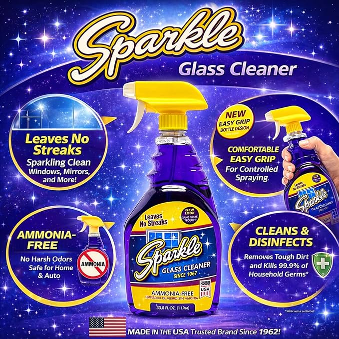Sparkle Glass Cleaner Spray Bottle & 1 Gallon Refill, Ammonia-Free Original Formula, Streak-Free Shine, 33.8 fl oz + 128 fl oz (Pack of 1 Set)