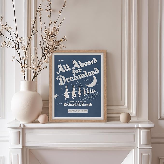 Poster Master All Aboard For Dreamland Poster - Retro Children's Lullaby Print - Story Book Art - Bunny Art - Rabbit Art - Aesthetic Art - Kid's Bedroom or Nursery Wall Decor, 11x14 Beige Framed