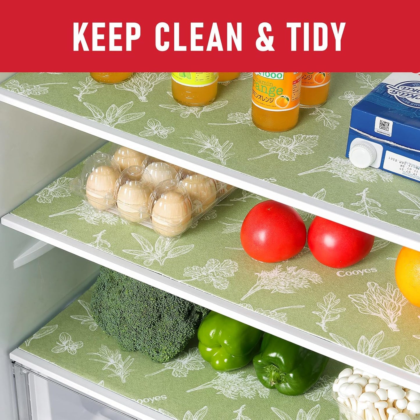 Cooyes Shelf Liner for Refrigerator & Drawer, Non-Adhesive Cabinets Liner for Kitchen Cupboard & Fridge, Breathable Cloth Material, Vegetable-Patterned, 6 Pack 12“ × 24”, Sage Green