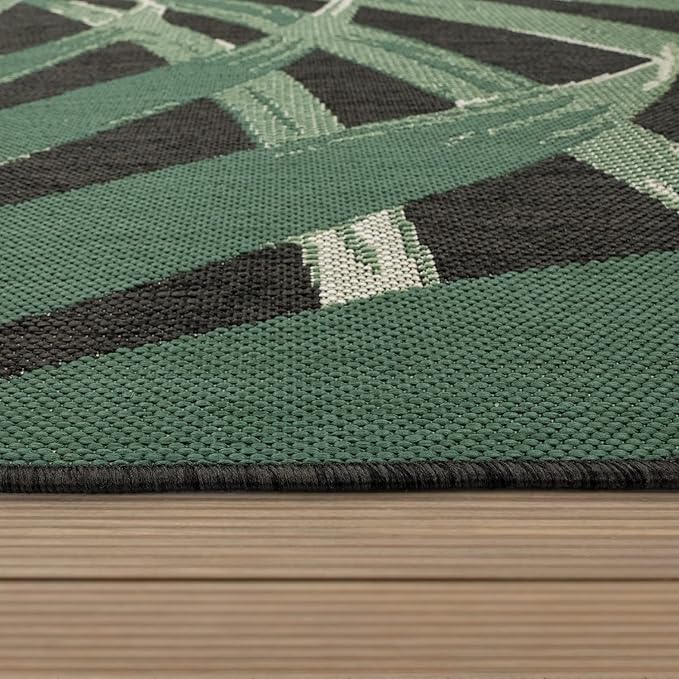 Tropical Outdoor Rug Palm Tree & Jungle Design Flatweave in Black Green, Size: 5'3" x 7'7"