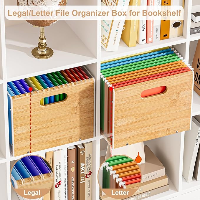 Letter/Legal Bamboo Acrylic File Box Organizer, Hanging File Folder Storage Boxes, Decorative Document Crate Transparent Filing Bin with Handle for Home Office Desk