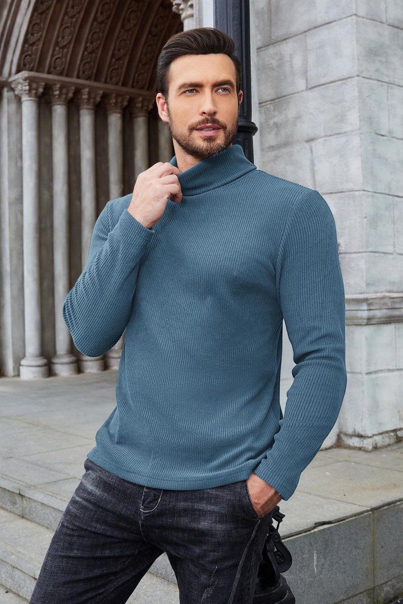 COOFANDY Men's Ribbed Turtleneck Sweater Casual Basic Long Sleeve Knitted Pullover Sweater Dark Blue