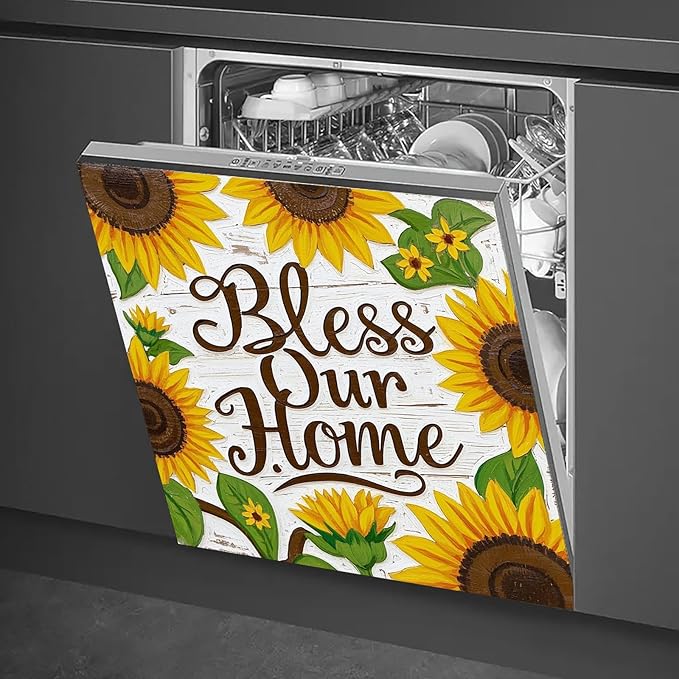 Dishwasher Magnet Cover 23x26 in Hand-Painted White Wood Sunflower Bless Our Home Typography Dishwasher Cover for Kitchen Appliance Decoration Front Panel Sticker Panel Home Decor Decal