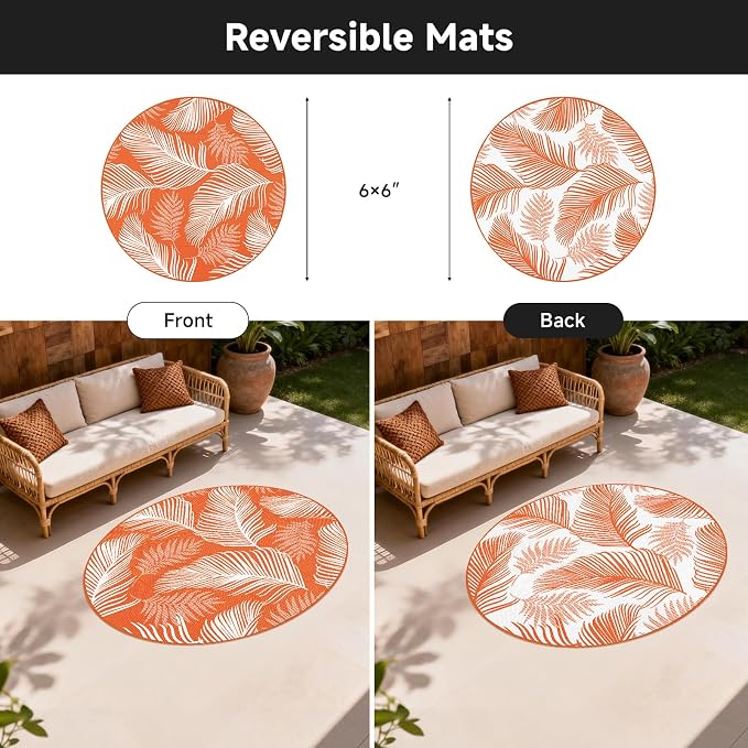 Pauwer Waterproof Outdoor Rug 6ft, Reversible Plastic Straw Patio Camping Rug, Indoor Outdoor RV Mat Carpet for Deck, Camper, Porch, Balcony, Backyard, Picnic, Leaf Orange