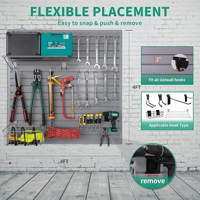 FRAYSCENT Slat Wall Paneling Garage Slat Wall Storage Systems Slatwall Panels Power Tool Organizer Wall Mount, PVC Garage Storage & Organization Products Slate Board (Grey, 4ft x 4ft)